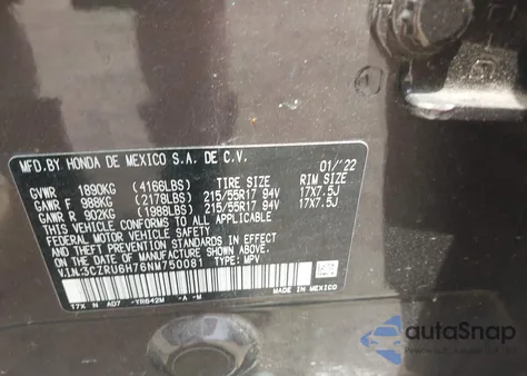 2022 Honda Hr-V Awd Ex-L из США, поврежденный, VIN 3CZRU6H76NM750081